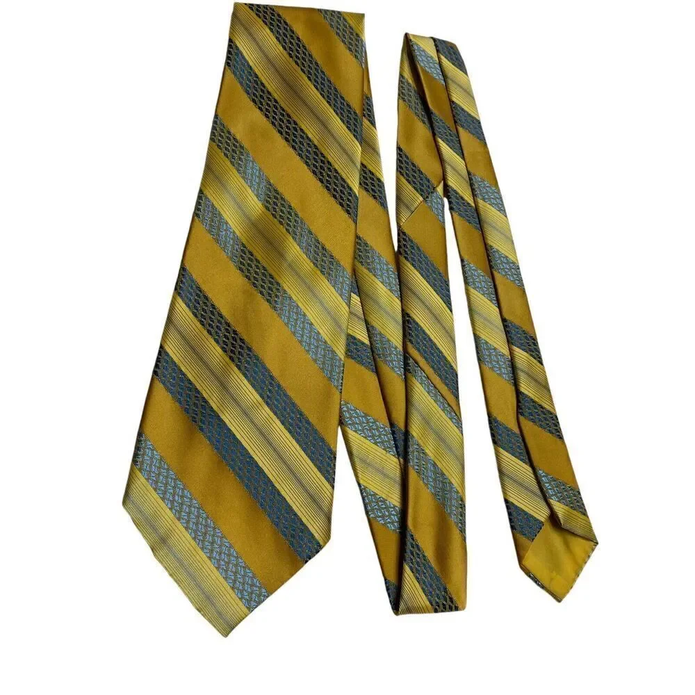 Vtg Wembley Men's Tie Necktie Wide Wemlon Polyester Yellow Blue Brown Striped